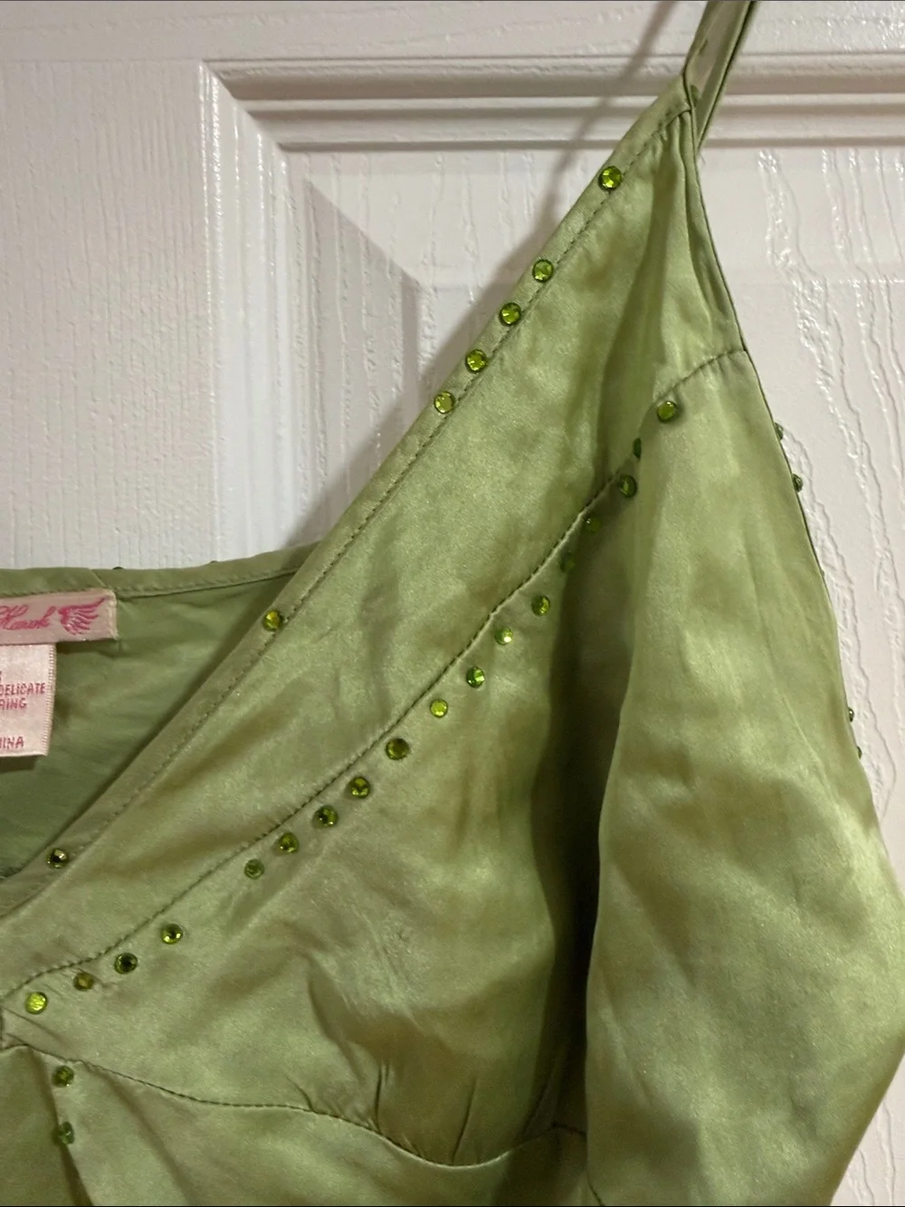 Vintage Gold Hawk Y2K Lime Green 100% Silk Beaded Cami Top - L_5